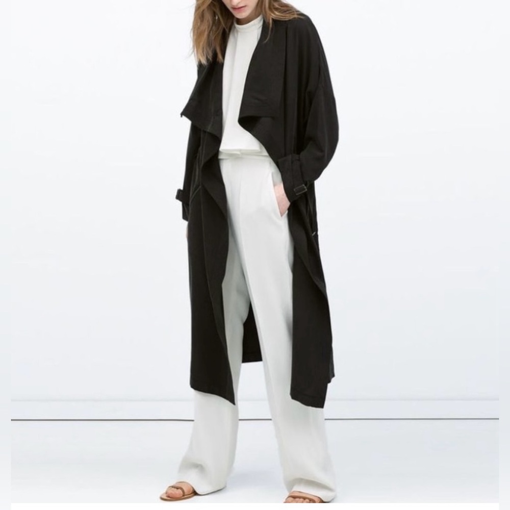 Zara Lighweight Oversized Trench Coat Waterfall Front Belted Pockets Size XS NWT